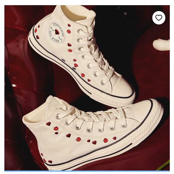 Converse Chuck Taylor ALL STAR White High-Tops with Red Heart & Roses Accents - Picture 1 of 15